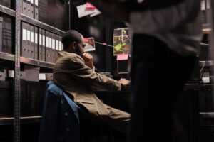 Detective in beige coat works at desk, surrounded by files and evidence board in office.