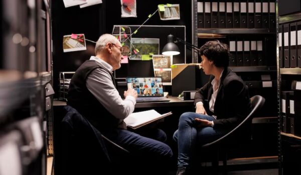 Two people seated at a desk in an office, surrounded by files and paperwork